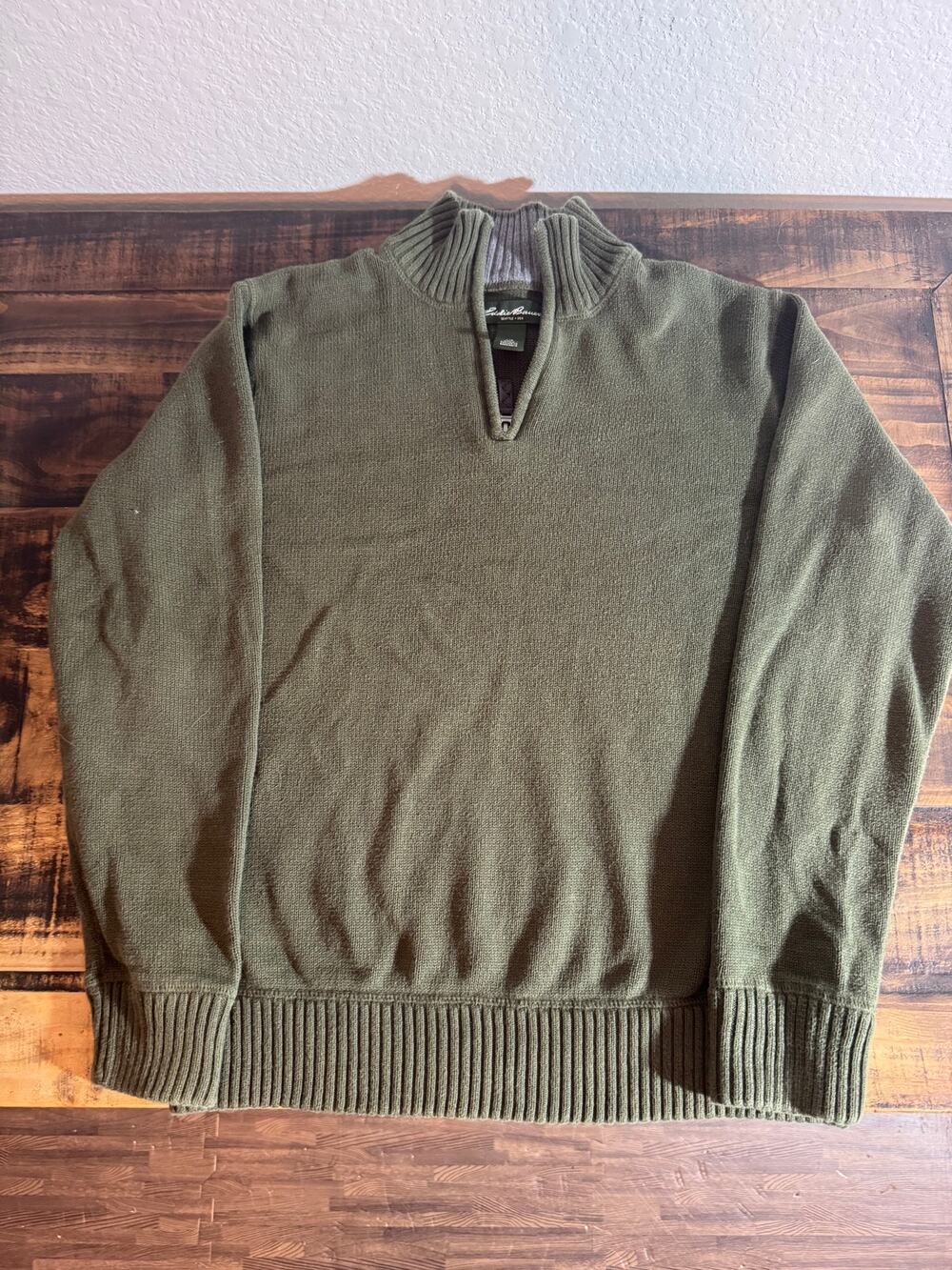 Eddie Bauer Men’s Large Olive Green 1/4 Zip Cotton Sweater Pullover